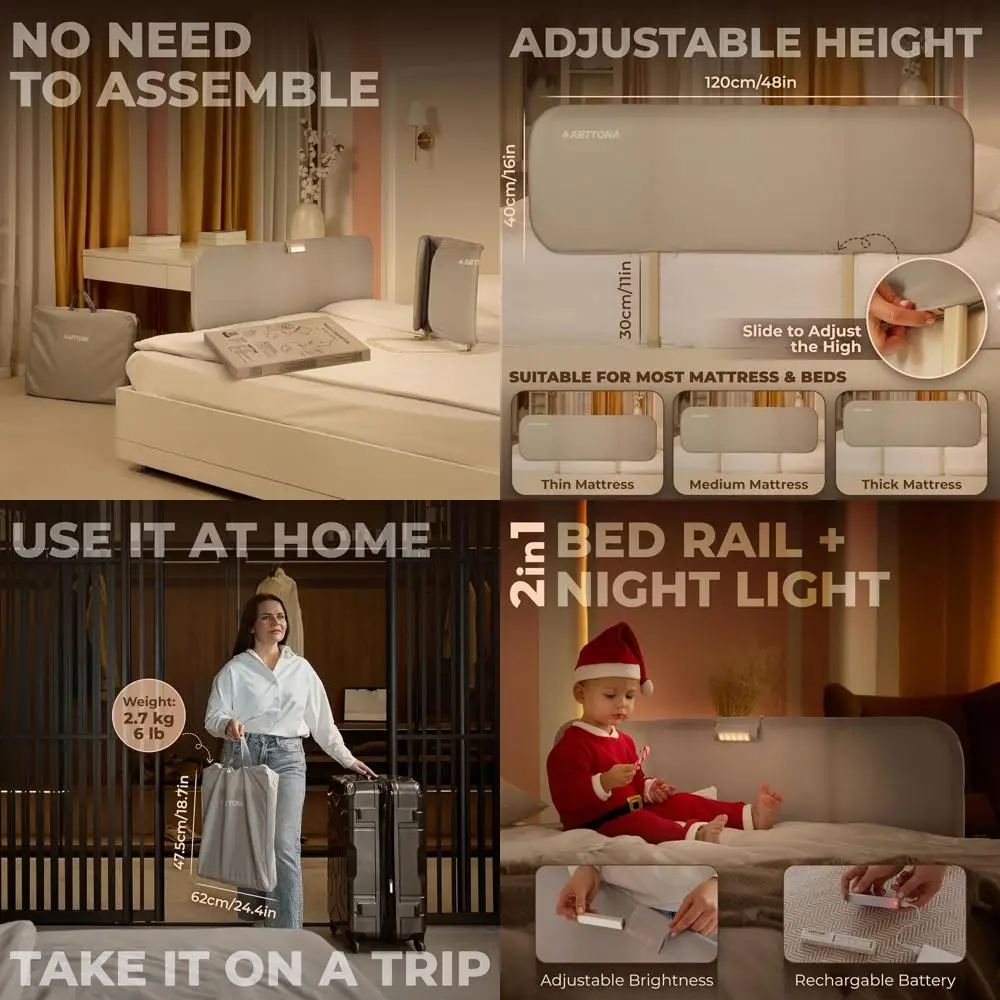 

Child Safety Bed Rail with Night Light - Universal Fit for Toddler to Queen Beds - 48 Portable Guardrail