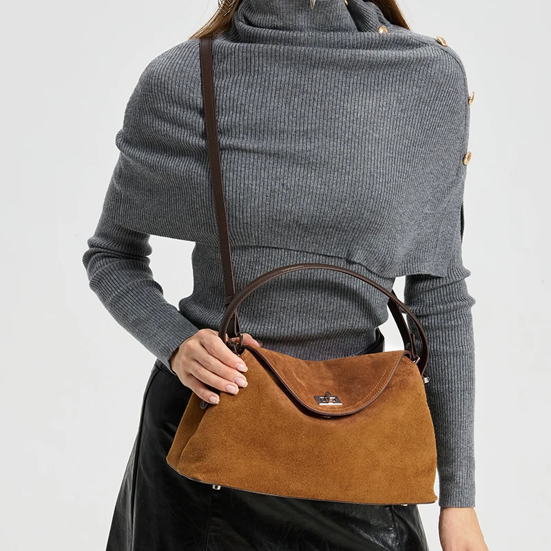 New Women's Natural Suede Leather Tote Bag Luxury Designers Large Capacity Real Leather Handbag Removable Daily Crossbody Bag