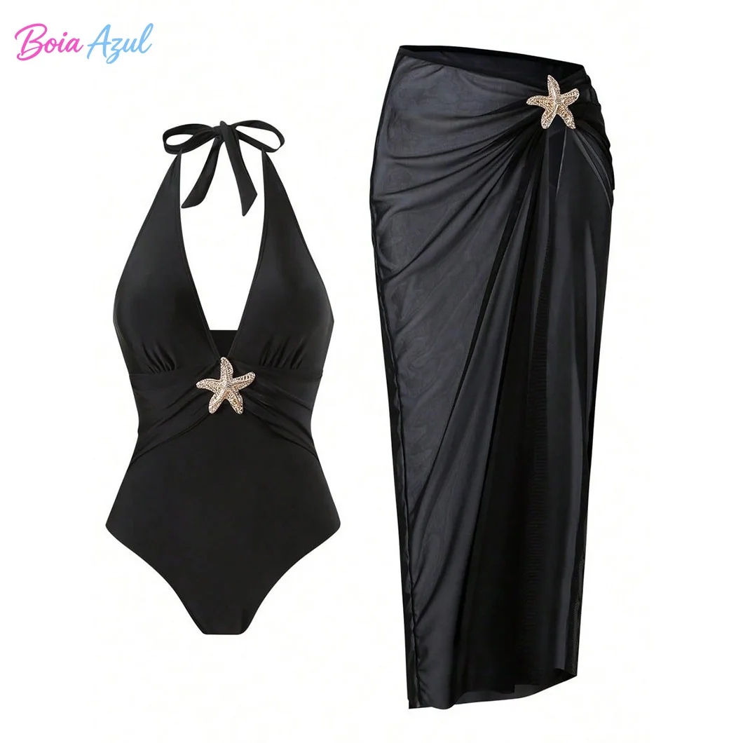 Elegant Halter One Piece Swimsuit With Crystal Starfish Embellishment High Waist Ruched Mesh Wrap Skirt Two Piece Outfit For Vac
