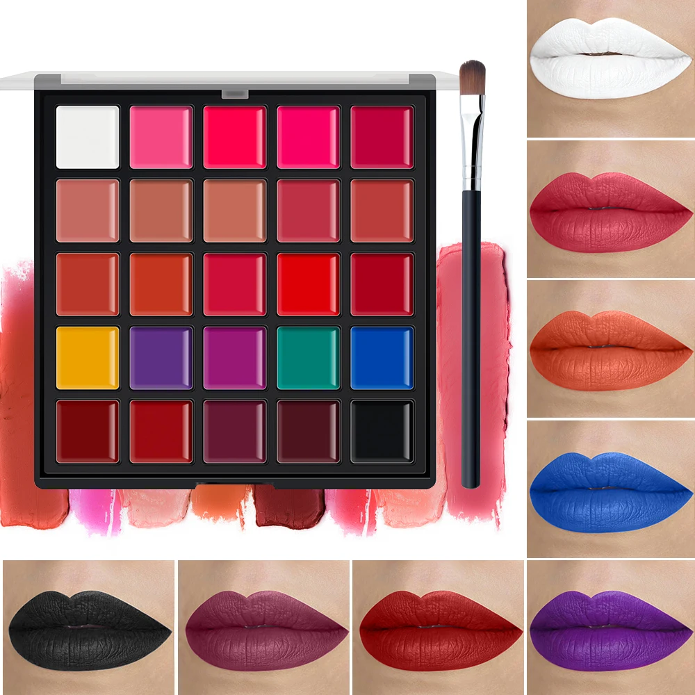 25 Colors Matte Lipstick Palette with Lip Brush,Long Lasting Waterproof High Pigmented Lip Gloss Cream,Multicolor Lip Makeup Kit