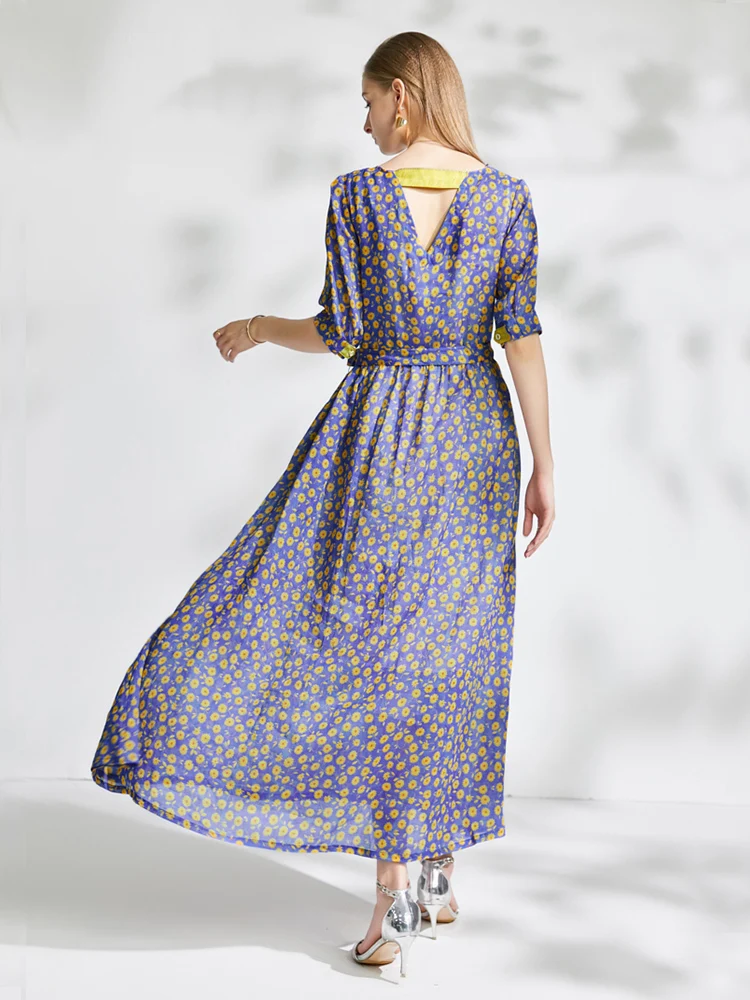 

Новое летнее женское платье миди из конопли с цветочным принтом, приталенного кроя, с V-образным вырезом, для повседневной носки, в художественном стиле