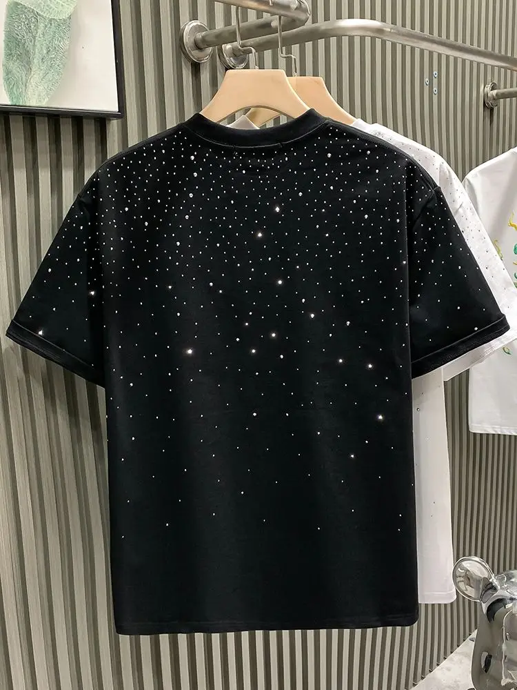 Men's Short Sleeve Crew Neck T-Shirt European Style Trendy Brand Light Luxury Niche Design with Rhinestone Embellishment