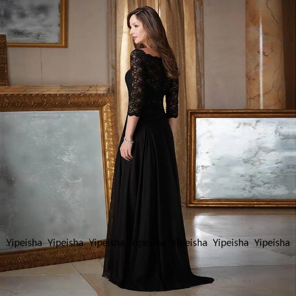 2022 Yipeisha Black Mère Formelle Robes Three Quarter Sleeve Chiffon Women Dress Scoop Mother Of Bride Dresses Lace New Arrived