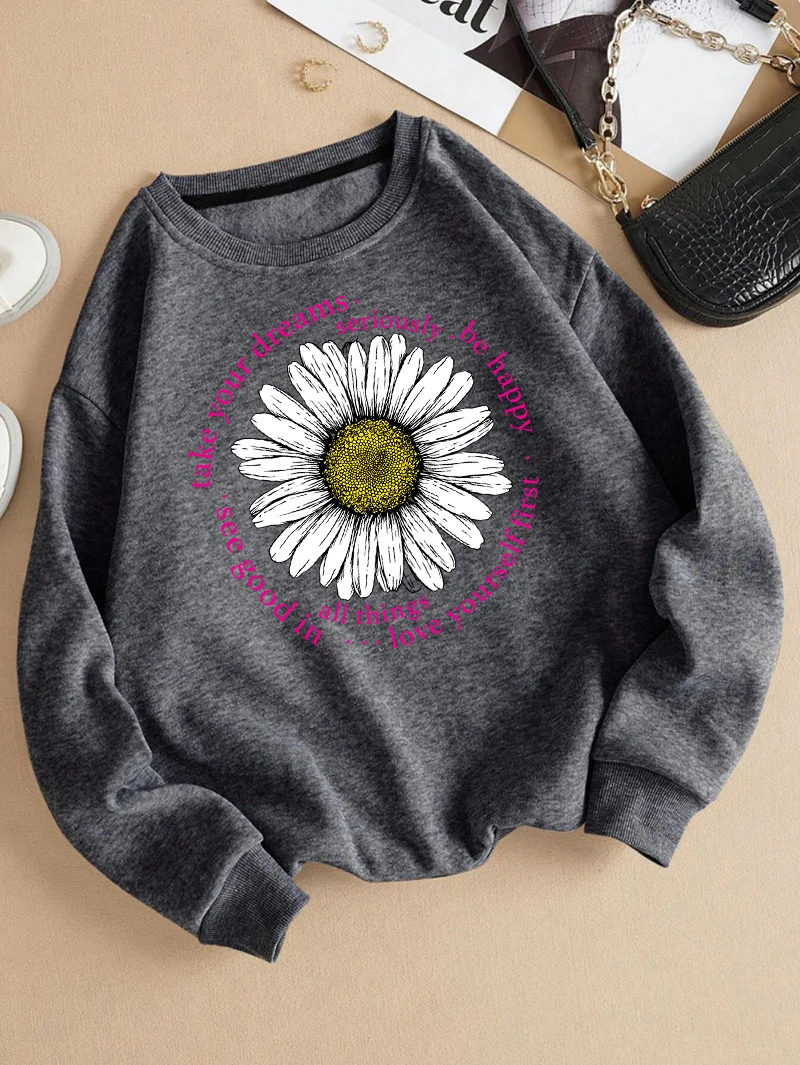 Circolare Daisy Font Surround Print Plus Size Top Donna Autunno Felpa casual Comodo abbigliamento caldo Tasca in pile Morbido streetwear