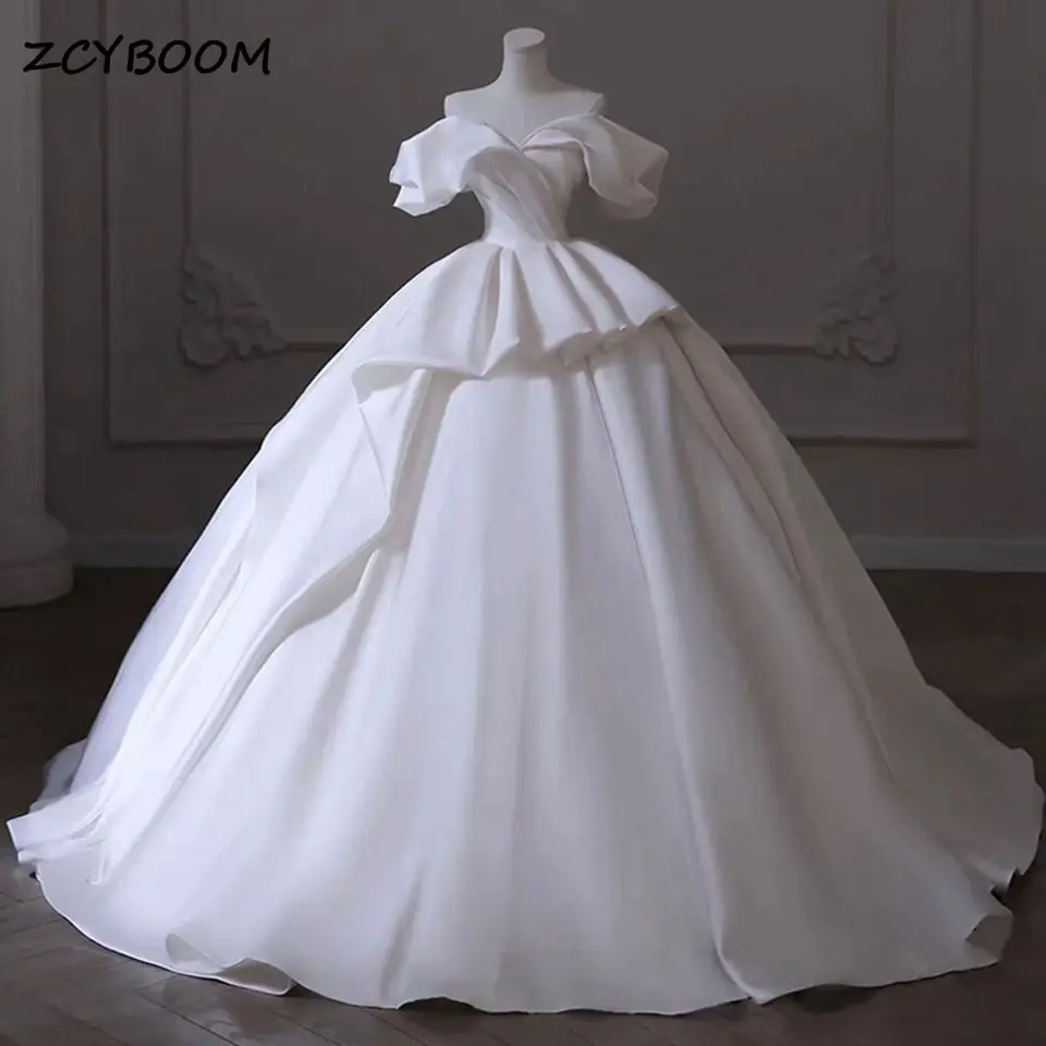 

Off The Shoulder Short Sleeves Sweetheart Wedding Dress 2023 Princess Lace Up Back Satin Ball Gown Bride Gowns Vestidos De Novia