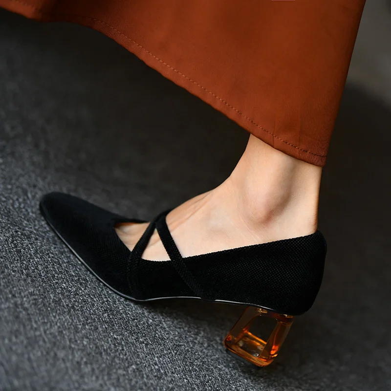 Woman Shoes On Med Heel 5CM Retro Style Women  Vintage Pumps Lady Slip On Daily Shoes Round Toe Spring Atumn Velvet Pump