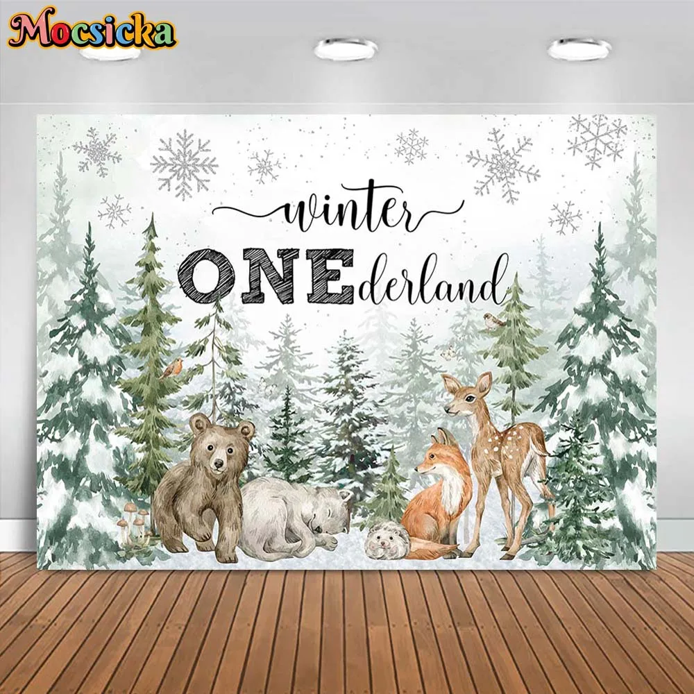 

Mocsicka Winter Onederland Backdrop Snow Forest Animals Boy 1st Birthday Party Decor Photo Background Kids Banner Shooting Props