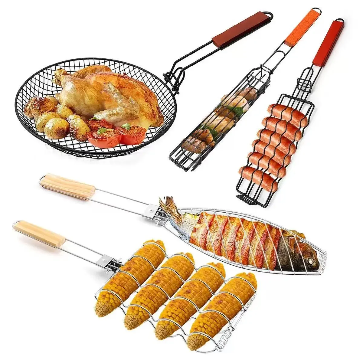 HYS outdoor sausage hot dog grill net, stainless steel barbecue camping tool, portable barbecue grip