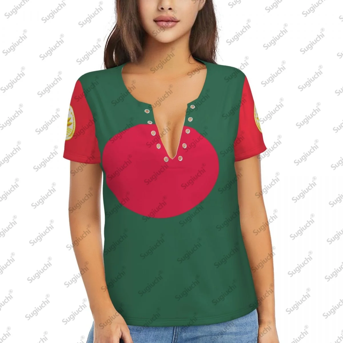 

2025 Bangladesh Flag Sexy Deep V Neck Women 3D Short Sleeve Fashion Tees Female Clothing Tops Girl Casual Blouse Tees
