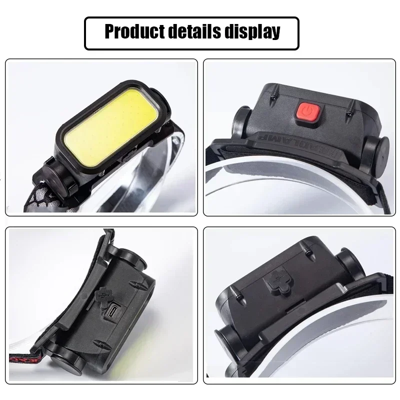 Portable Powerful LED Headlamps 4 Modes USB Rechargeable COB Headlight with Red Light Waterproof Night Fishing Head Lamp Torch