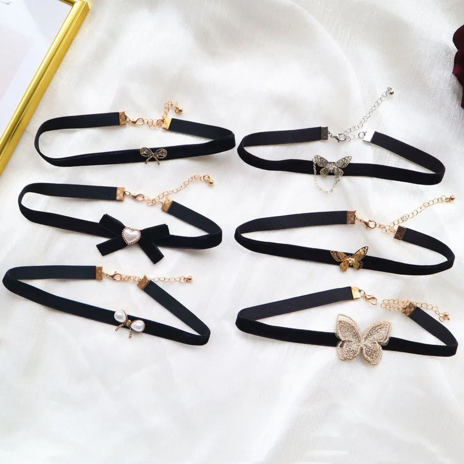 Black Sexy Velvet Heart Pearl Butterfly Choker for Women Neck Clavicle Necklace Lady Jewelry Accessories Girl Gift Lace Gothic