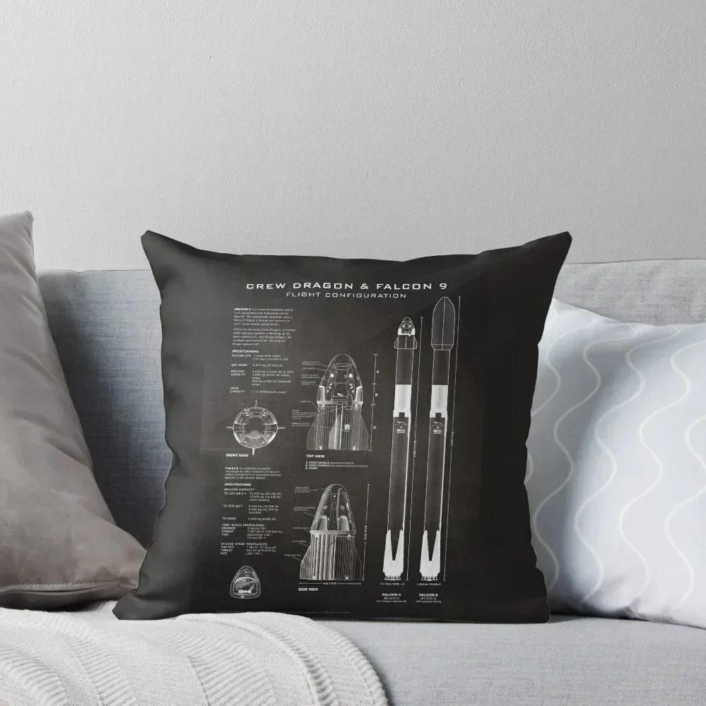 

SpaceX Crew Dragon Spacecraft & Falcon 9 Rocket Blueprint in High Resolution (black) Throw Pillow