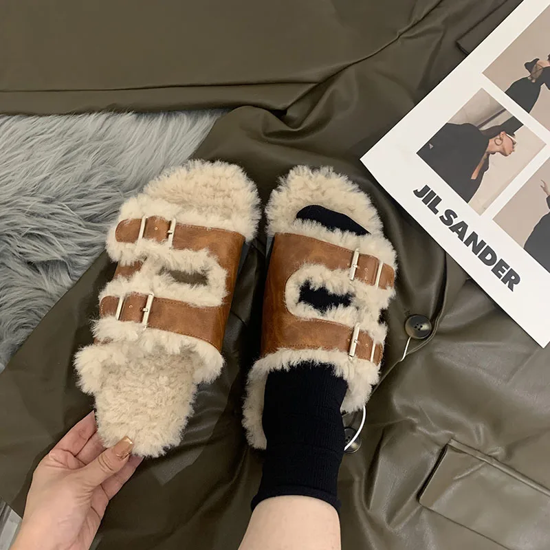 VENTACT 2023 New Cork Slipper With Fur Casual Double Buckle Clogs Shoe Warm Wear Artificial Fleece Outdoor Sandals