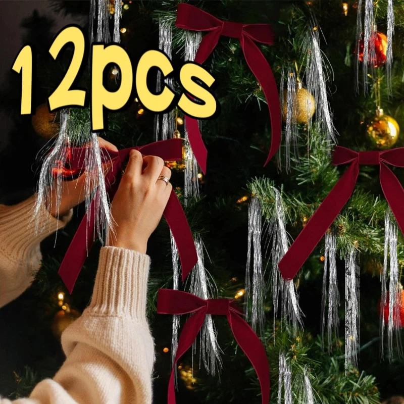12 Stück schlanke Samt-Weihnachtsschleifen im Vintage-Stil zum Selbermachen, Weihnachtsbaum-Bandschleife mit Kabelbinder, Geschenkverpackung, Schleifen, Hochzeitsdekorationen