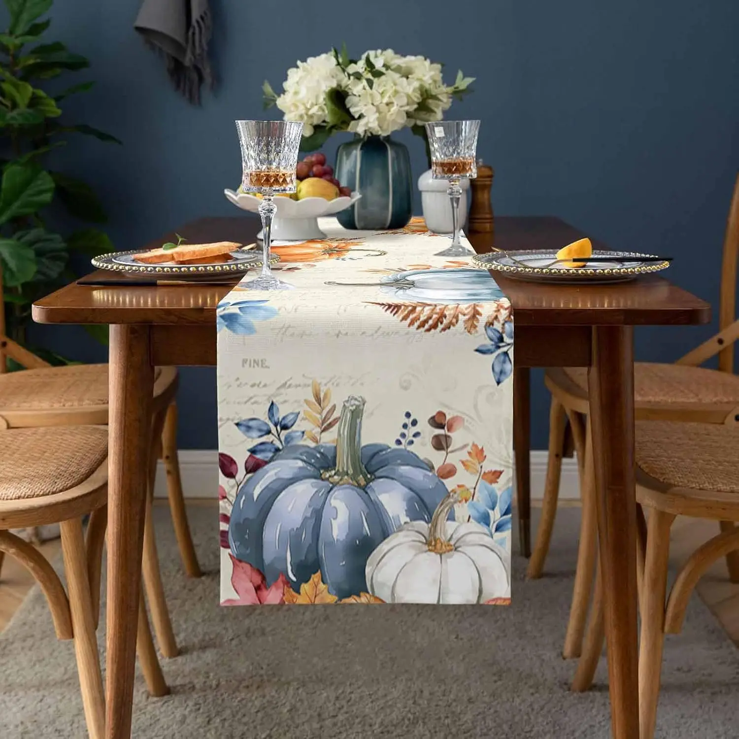 Fall Blue Orange Pumpkin Maple Leaf Table Runner Holiday Party Decor Reusable Kitchen Dining Table Runner Autumn Decorations
