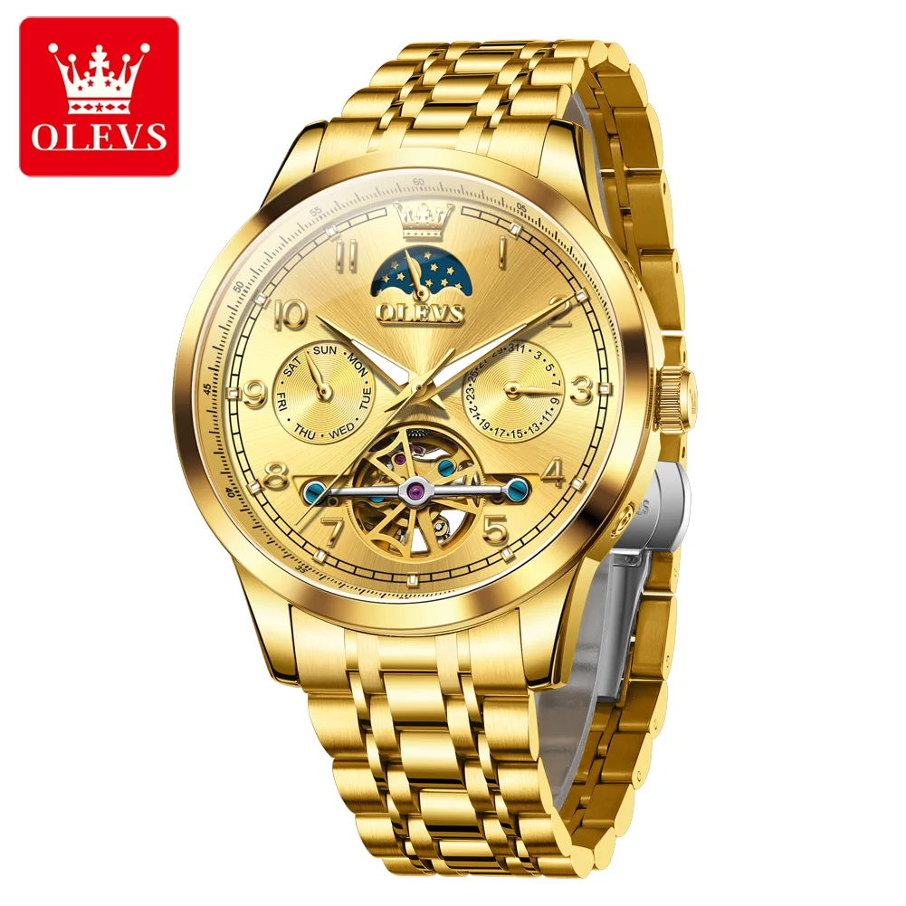 OLEVS 7071 Herrenuhren Original Luxus Skelett Automatische Mechanische Uhr ﻿   Wasserdichte Leuchtende Wochen- und Datumsuhren für Herren