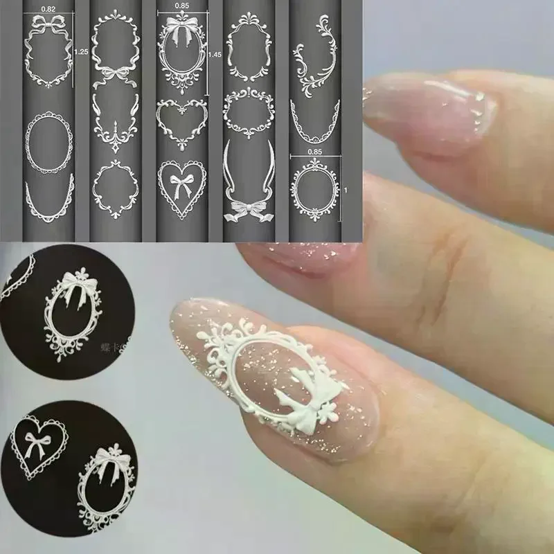 3D Lace Frame Silicone Nail Mold Heart Bow French Nail Carving Nail Template Resin Gel Nail Modeling Charms Manicure Tool
