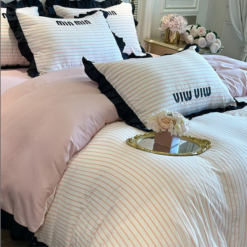 Ruffles Striped Bedding Bed Sheet Duvet Cover Fitted Full Bedspreads Sets AB Double-sided Skin-friendly Summer Bedroom Linens