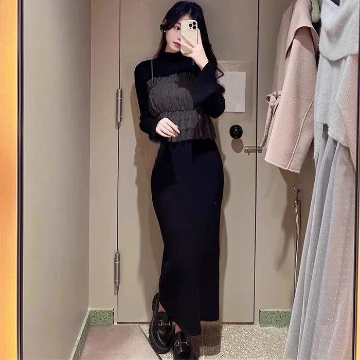 

Sweet Pure Color Knitted Dr Two-Piece Set with Lace Strap New Autumn Faion Women's Clothing Ensemble