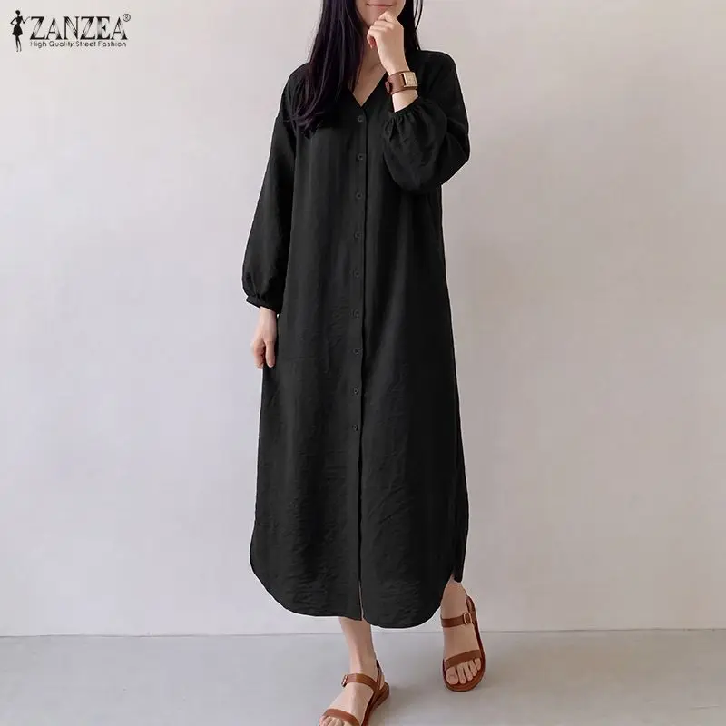 Casual ZANZEA Women Shirt Dress V Neck Button Lantern Three Quarter Sleeve OL Party Solid Side Split Oversized Midi Long Dress
