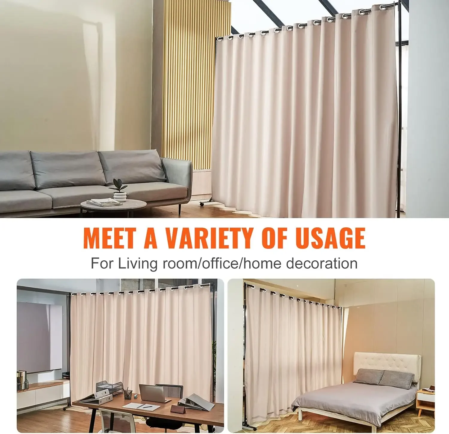 Room Divider Panel, 8 ft x 10 ft Portable Panel Room Divider with Wheels Curtain Divider Stand