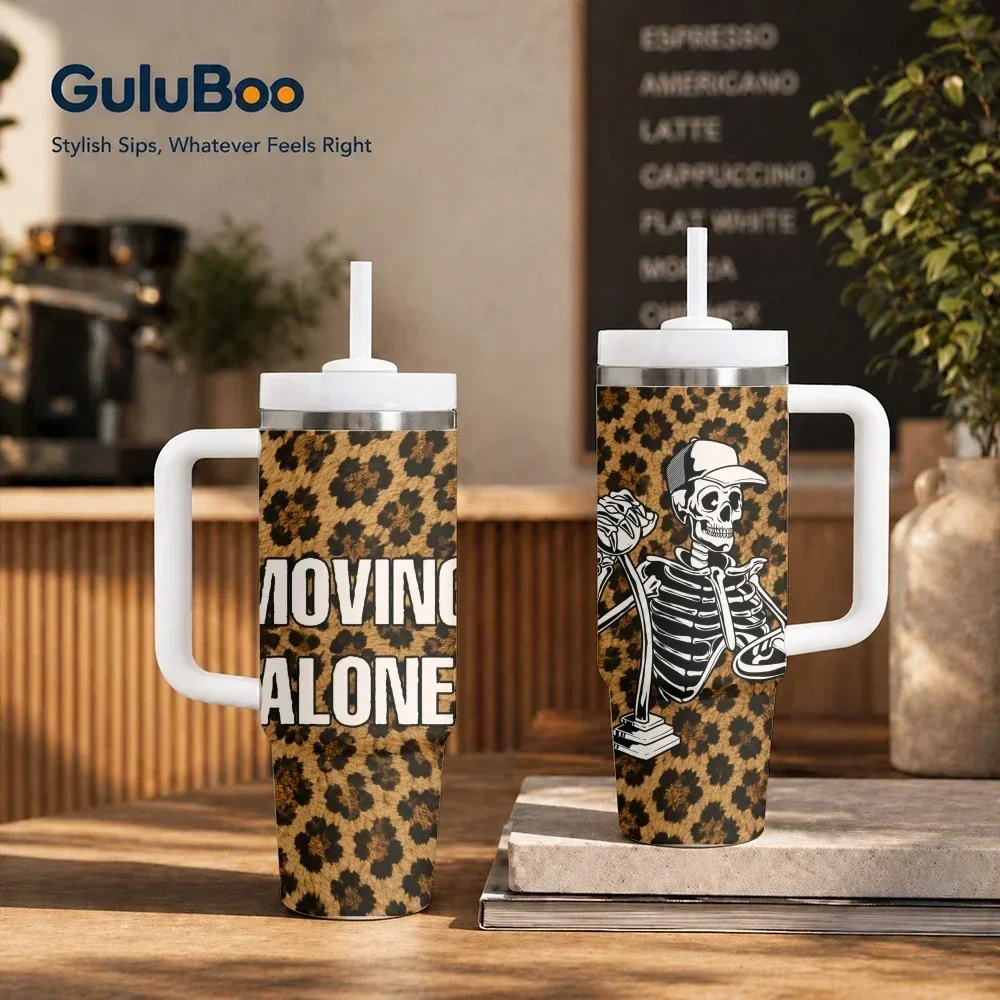 MOVING ALONE Skeleton Driver Vacuum Flasks 40oz Stainless Steel Insulated Tumbler With Handle & Straw Leakproof Travel Mugorders for other colors will be shipped randomly in black or white