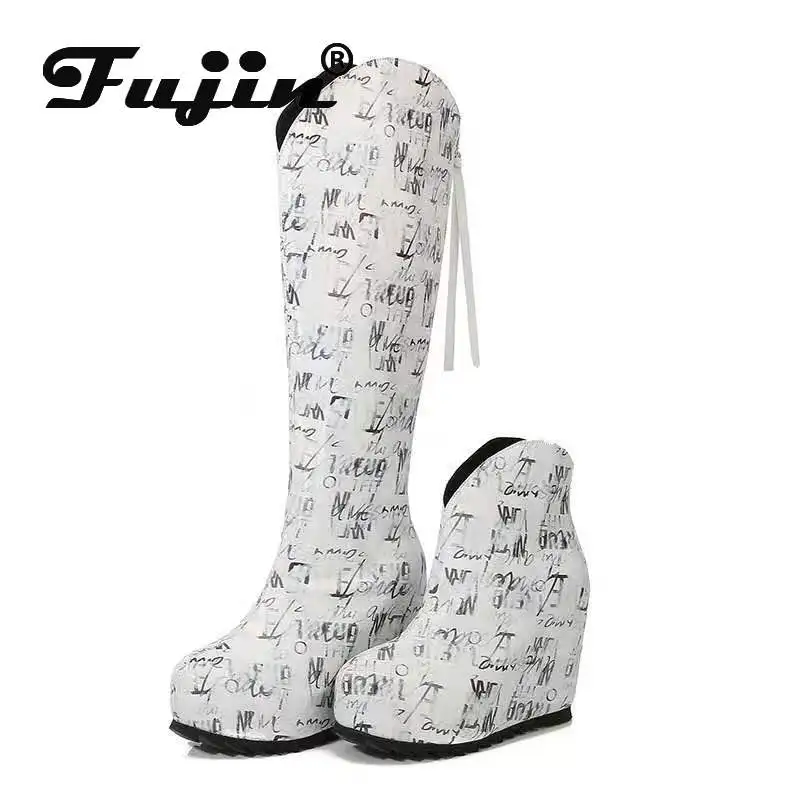 

Fujin 10cm Microfiber Leather Platform Wedges Knee High Boots Woman Plush Modern Hidden Heel Winter Autumn Shoes Plush Fashion