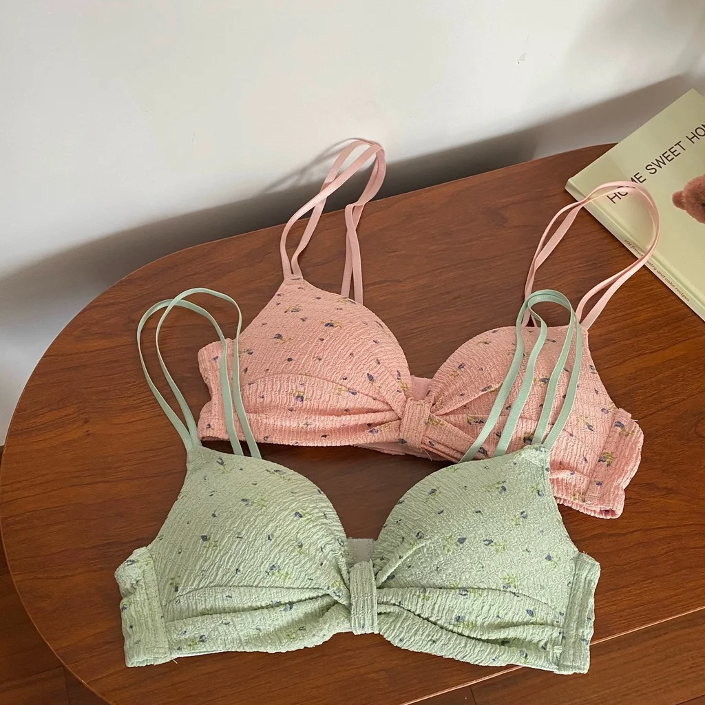 French Small Floral Pure Desire Sexy Gathering Wireless Small Breast Triangle Cup Bra