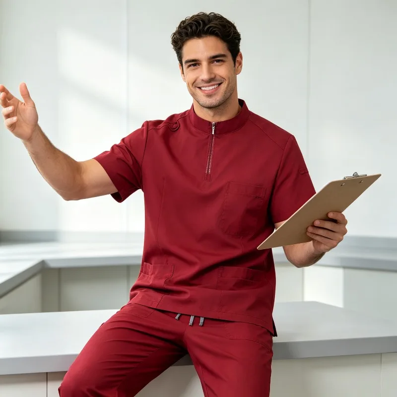 Mens Stand Collar Zip Front Scrub Set Workwear Straight Leg Pants Casual Gym Fitness Uniform Suit