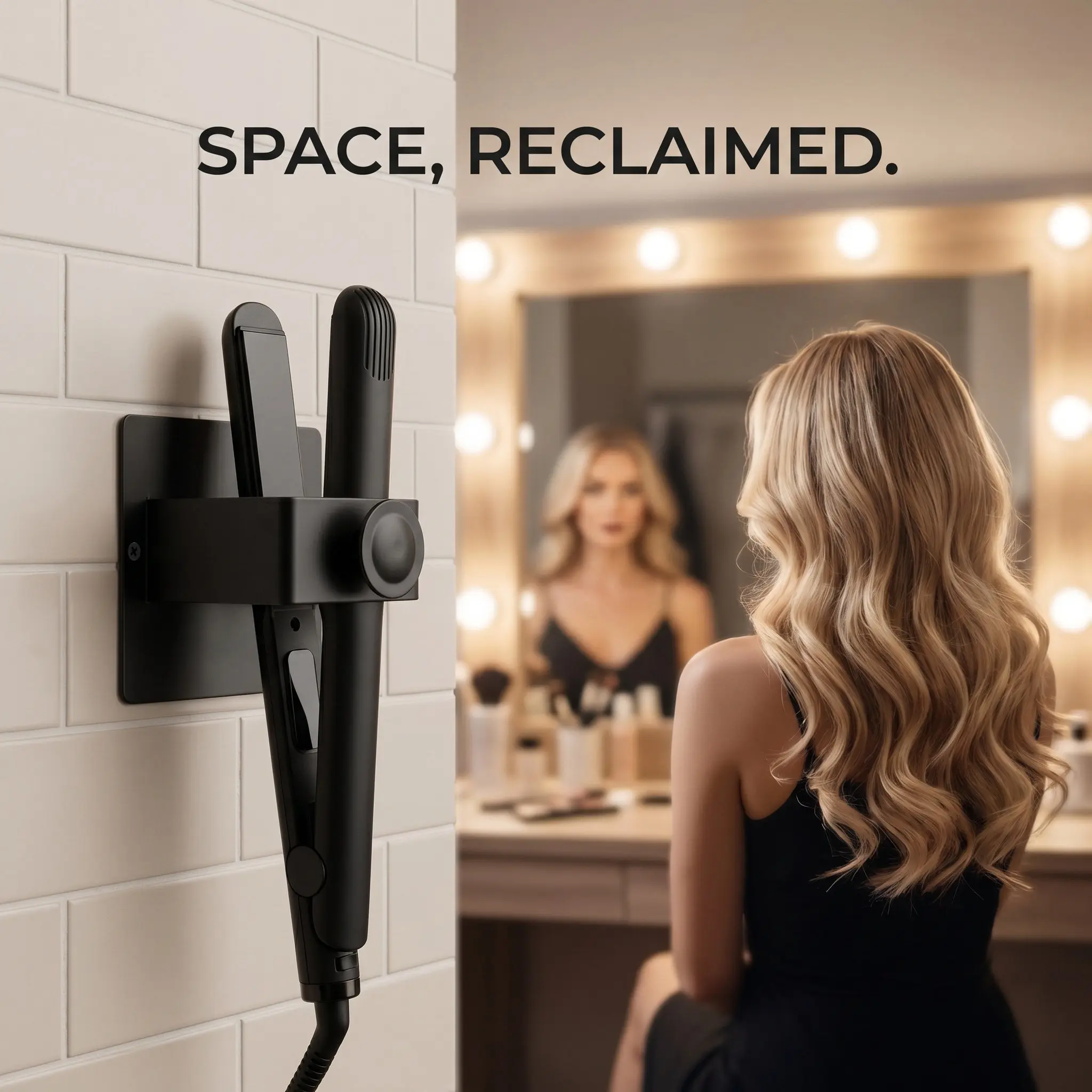 Black Curling Iron Storage Rack Wall Mount Perforation-Free Holder Hair Straightener Organizer Bathroom Vanity Hair Tool Stand view 3