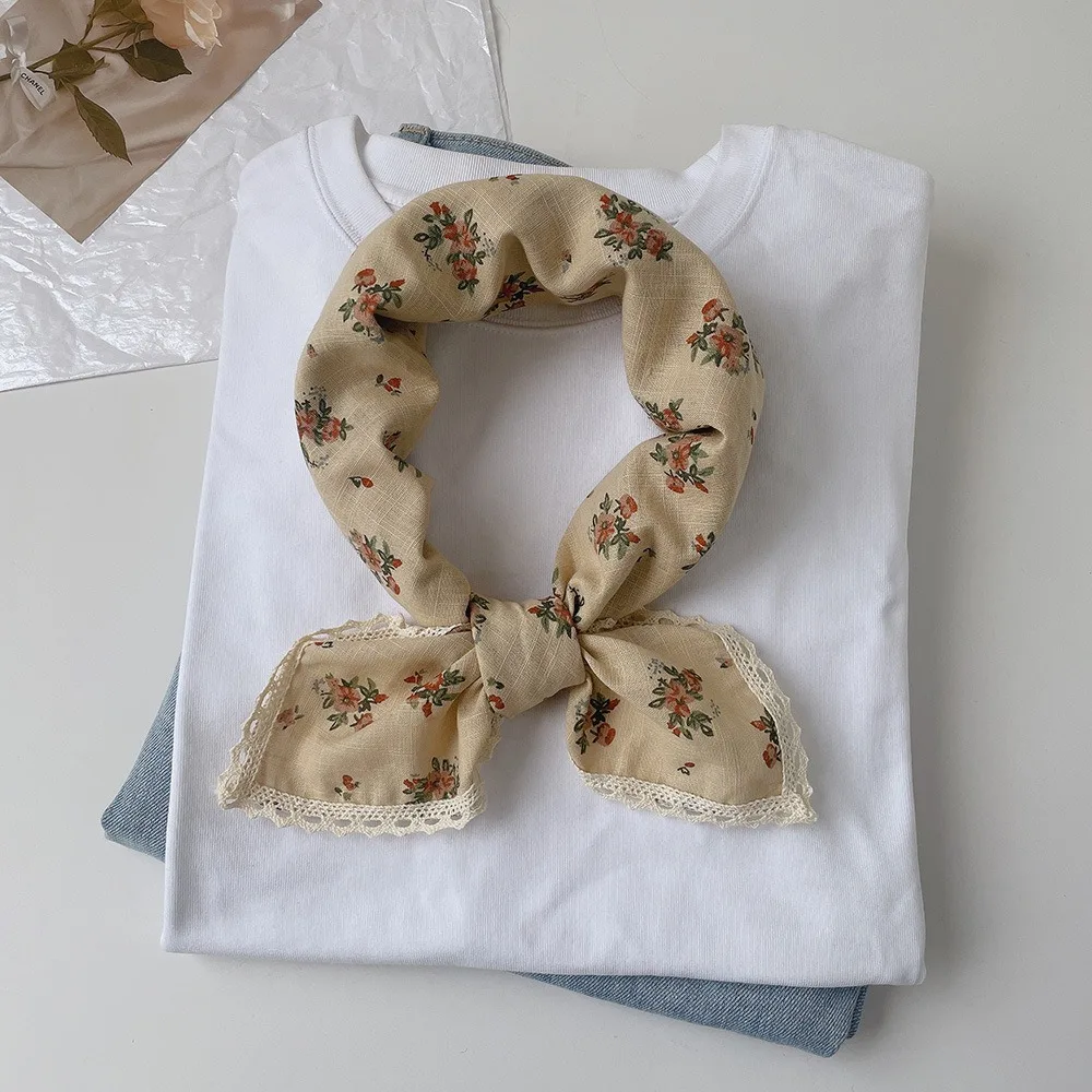 

Милый хлопковый льняной квадратный шарф, повязка на голову с цветком, шелковый шарф с принтом в пасторальном стиле, аксессуары для шарфа, шейный платок, шарф с цветочным принтом