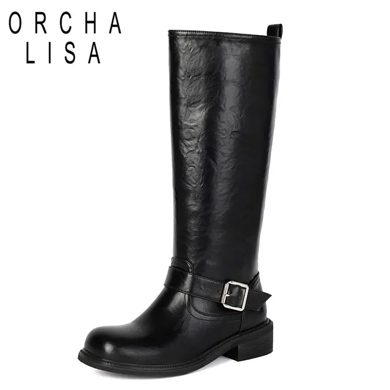 

ORCHA LISA 2025 Retro Women Knee High Boots Round Toe Thick Heels 3.5cm Slip On Belt Buckle Large Size 45 46 47 Casual Booties