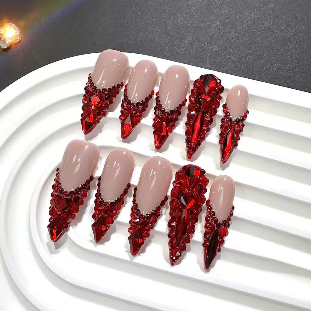 

10 шт., высококачественная красная серия, полная бриллиантов, труна ручной работы, французские кончики, накладные ногти, роскошные и ослепительные красные ногти