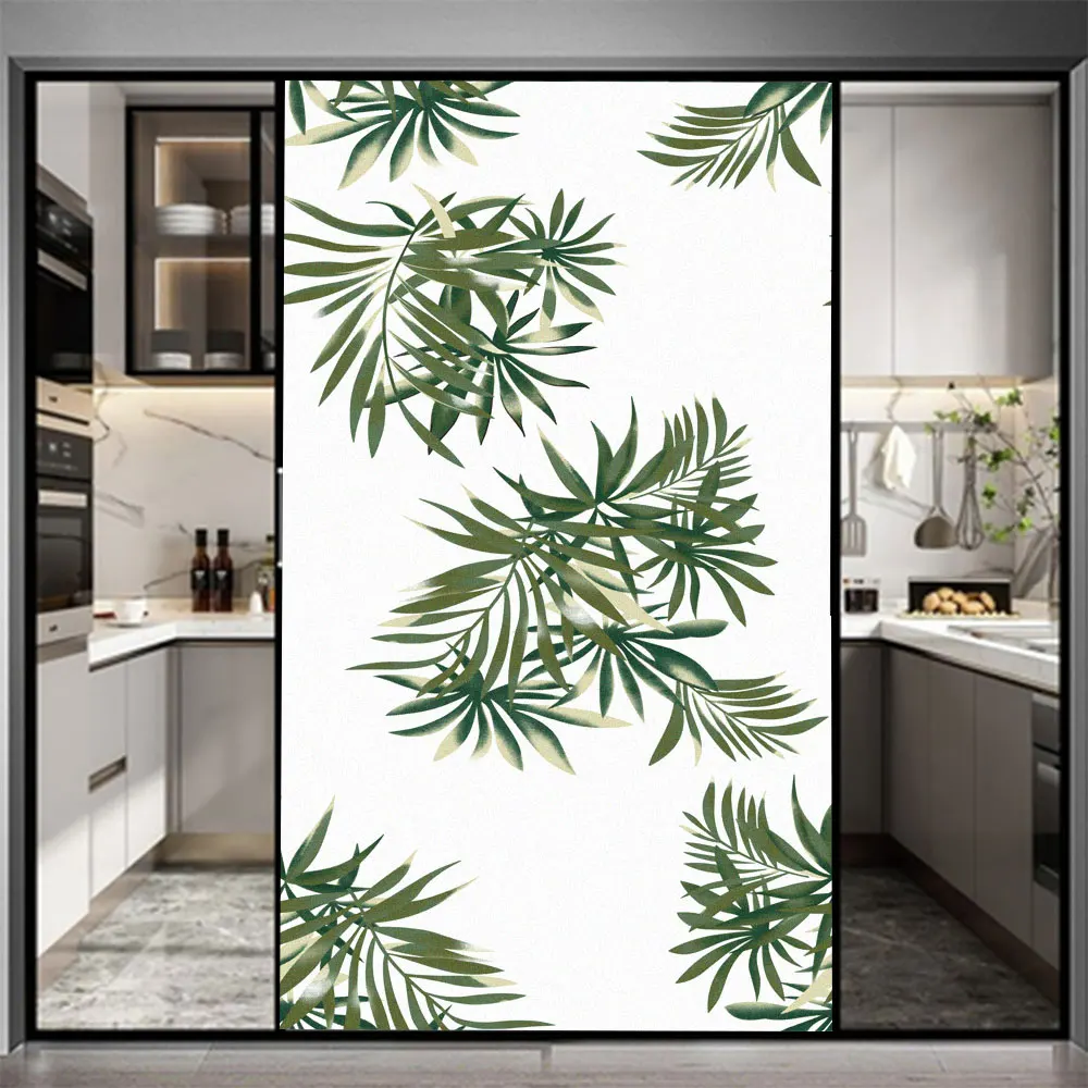 Green Leaf Pattern Frosted Glass Window Privacy Film Sun Blocking Cling No Glue Glass Window Stickers Bathroom Door Stained Film