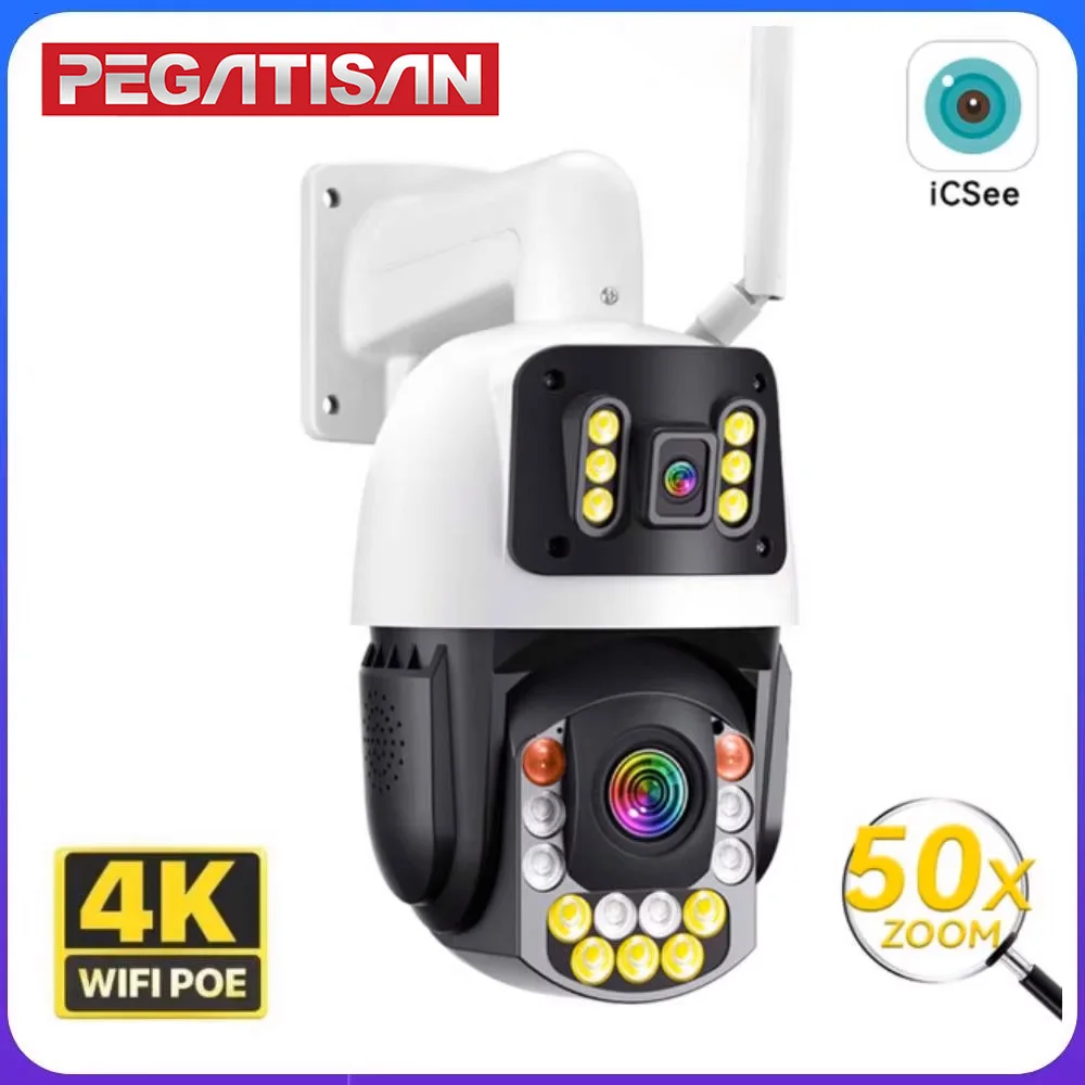 PEGATISAN 8MP 4K HD 50X Zoom Display Wifi PTZ Camera Outdoor Dual Lens Dual Screen Color Night Vision IP Security Camera iCSee