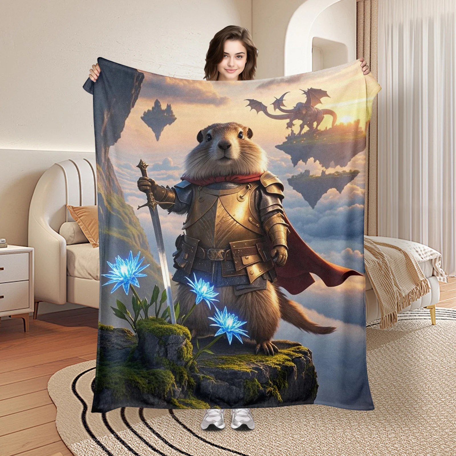 Groundhog Knight With Cape Standing On Cliff Blanket For Heroic And Themed Bedroom Or Living Room Accent Design