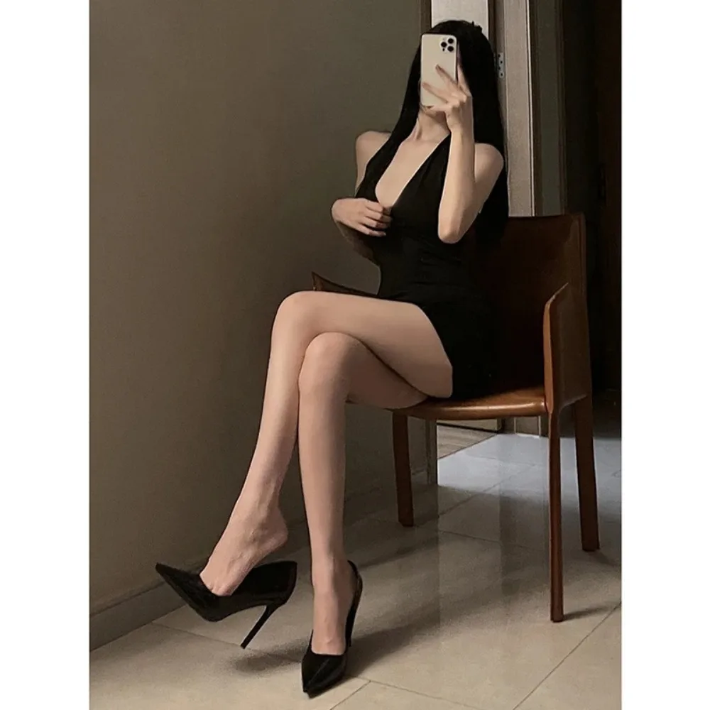 Women Sexy Halter Backless Slim V-neck Wrap Black Party Night Mini Dress image 5