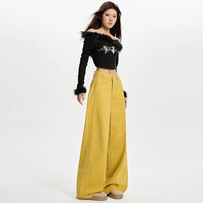 

2026New spring fashion women's casual straight-leg pants, wide-leg pants, yellow casual hot girl style jeans for women