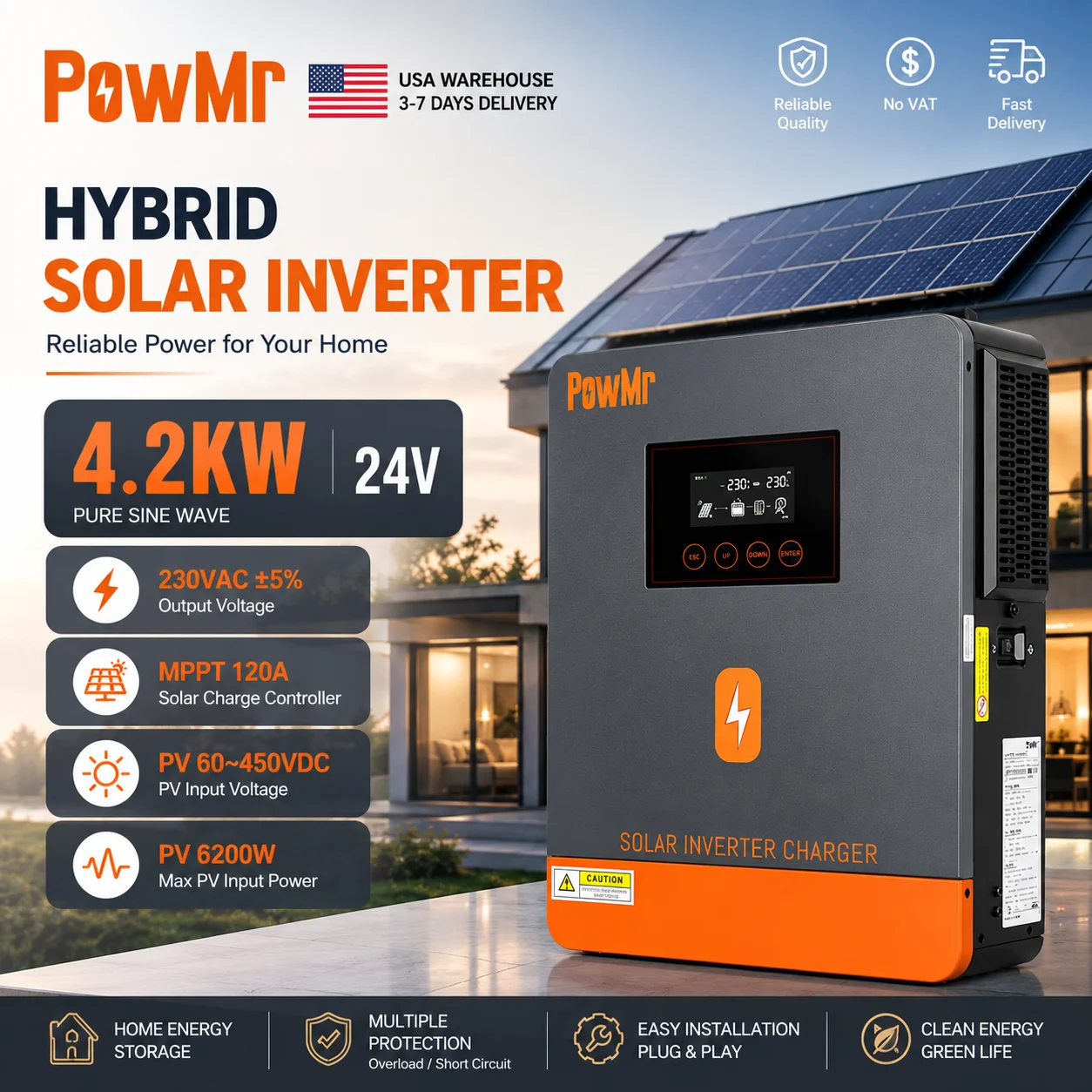 PowMr USA 4.5KVA 4200W/4.2KW 24V Hybrid Solar Inverters 220Vac Output Max 6200W 500Vdc PV Input With MPPT 120A Charge Regulator Support Wifi for Lifepo4 Power Bank Home RV Cabin Solar Energy Storage System