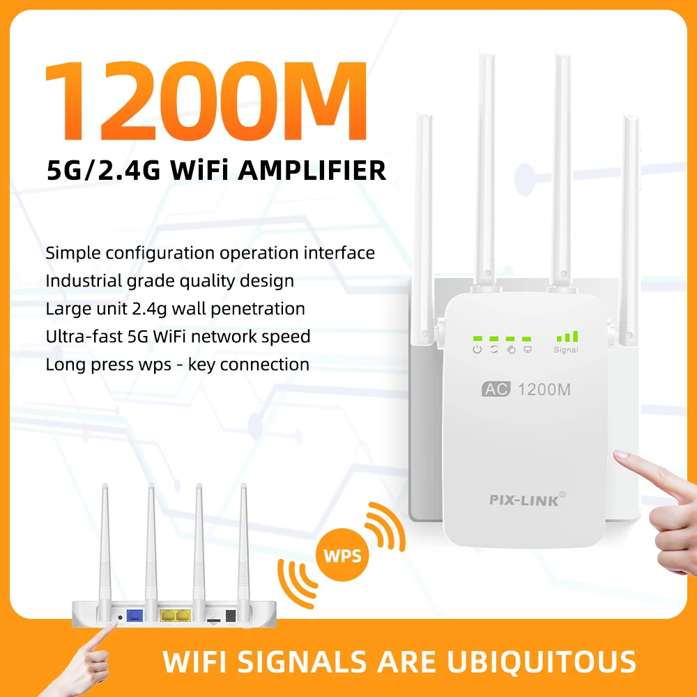 PIX-LINK 1200Mbps Wireless WiFi Repeater Wifi Signal Booster Dual-Band 2.4G 5G WiFi Extender Gigabit WiFi Amplifier WPS  AC05