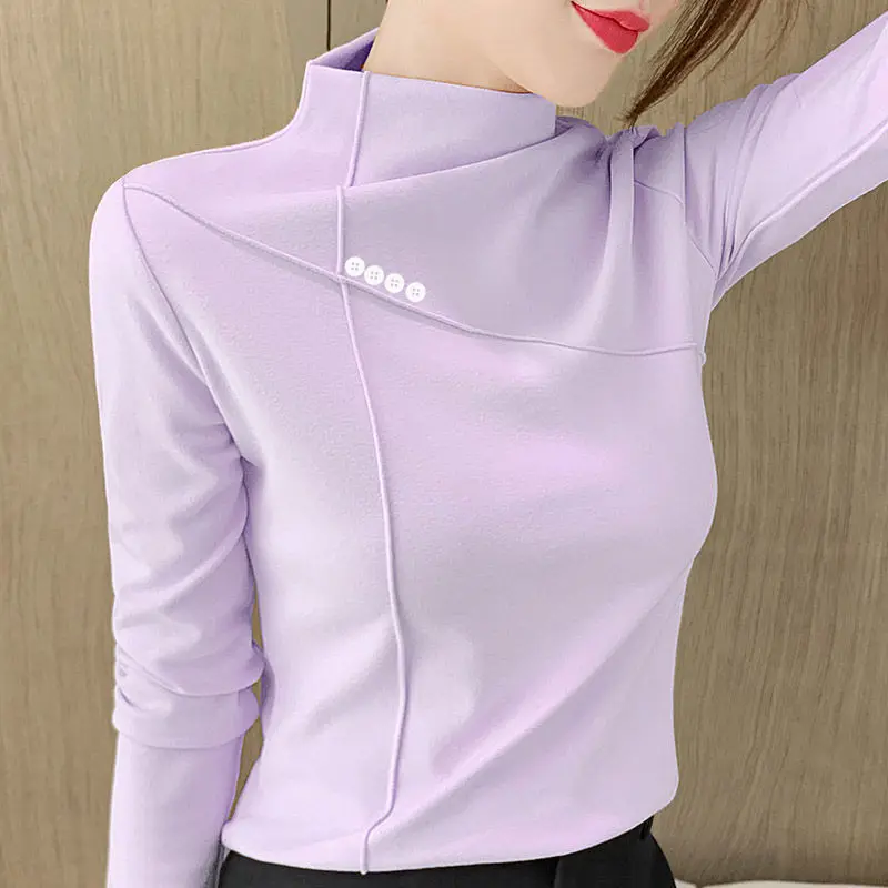 Women's Autumn and Winter Casual Simplicity Solid Color Turtleneck Long Sleeve T-Shirt Women Clothes Fashion All-match Slim Tops