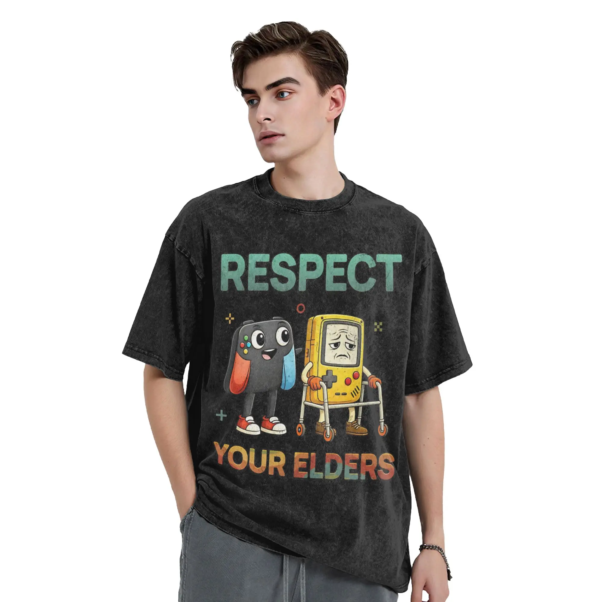 Respect Your Elders Gaming Control Retro Vintage Washed T-Shirts Men Women  Funny Pure Cotton Tees O Neck Short Sleeve T Shirt
