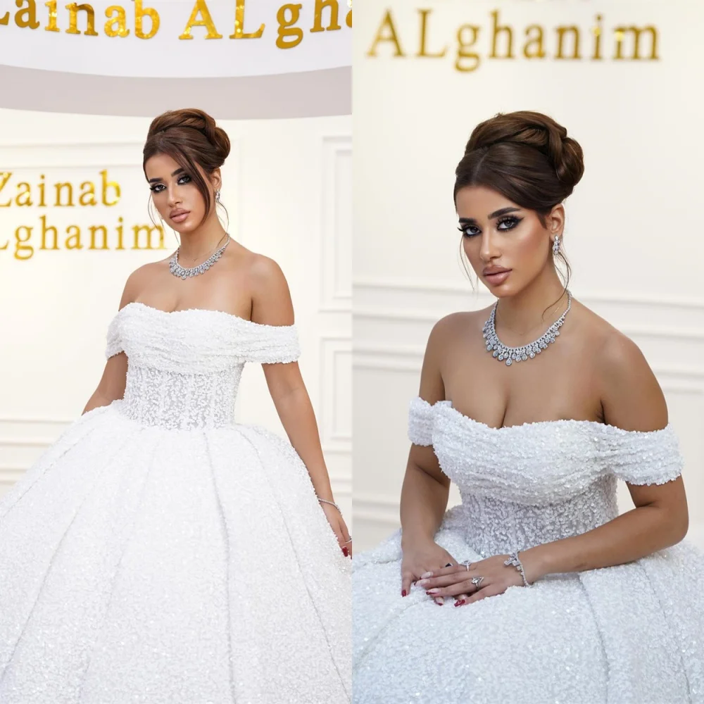 

Customized High Quality White Organza Wedding Dress Exquisite Boat Neck Off the Shoulder Short Sleeves Chapel Train Bridal Gowns