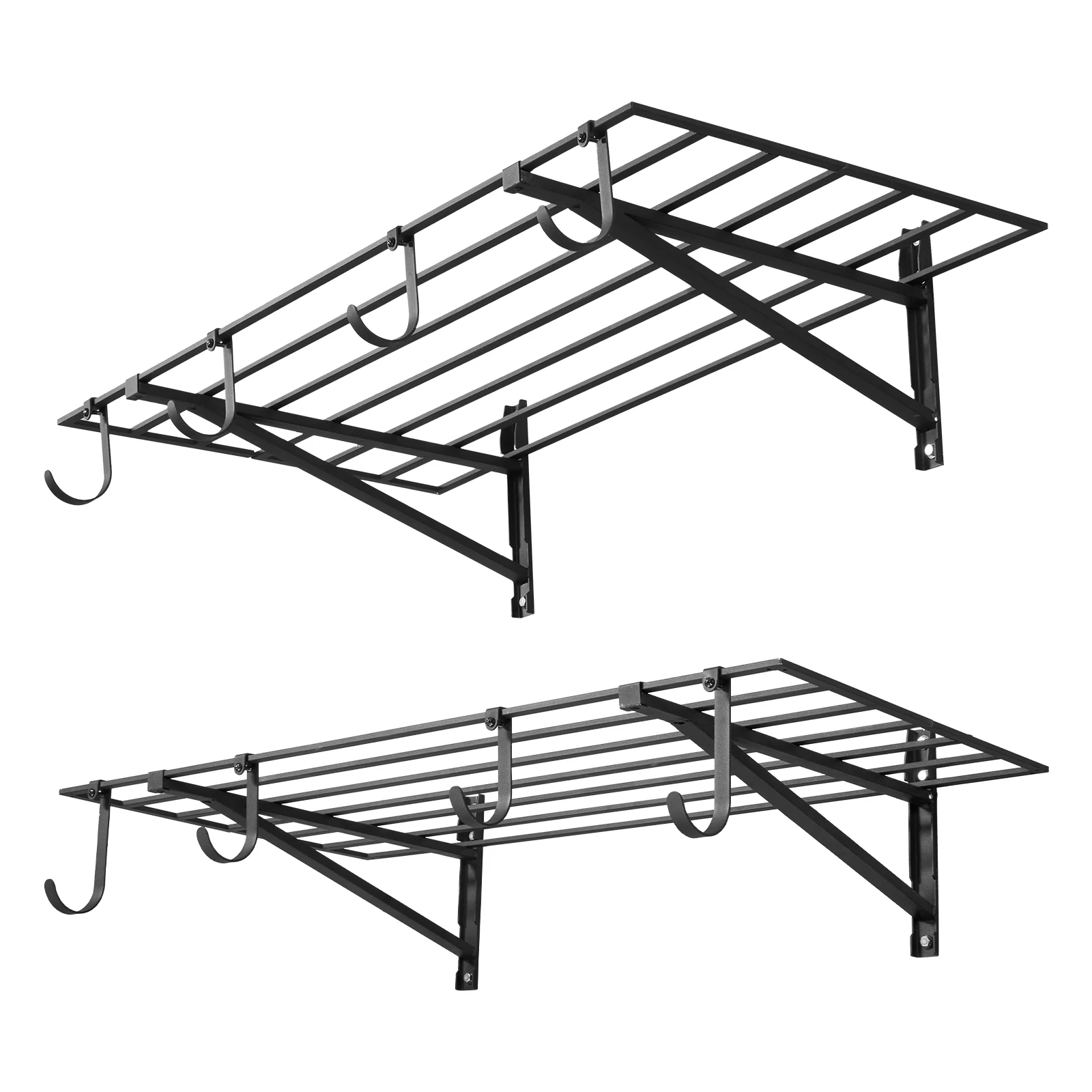 SucceBuy 2-Tier Wall Mounted Garage Shelving Unit with Hooks 24 x 48in 260lbs Per Shelf Floating Storage Metal Rack for Home