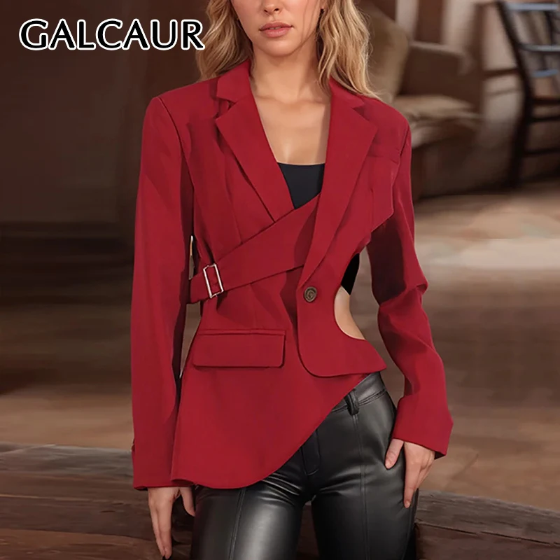 GALCAUR Solid Slimming Spliced Buttons Fashion Blazer For Women Notched Neck Long Sleeves Patchwork Hollow Out Coat Female New