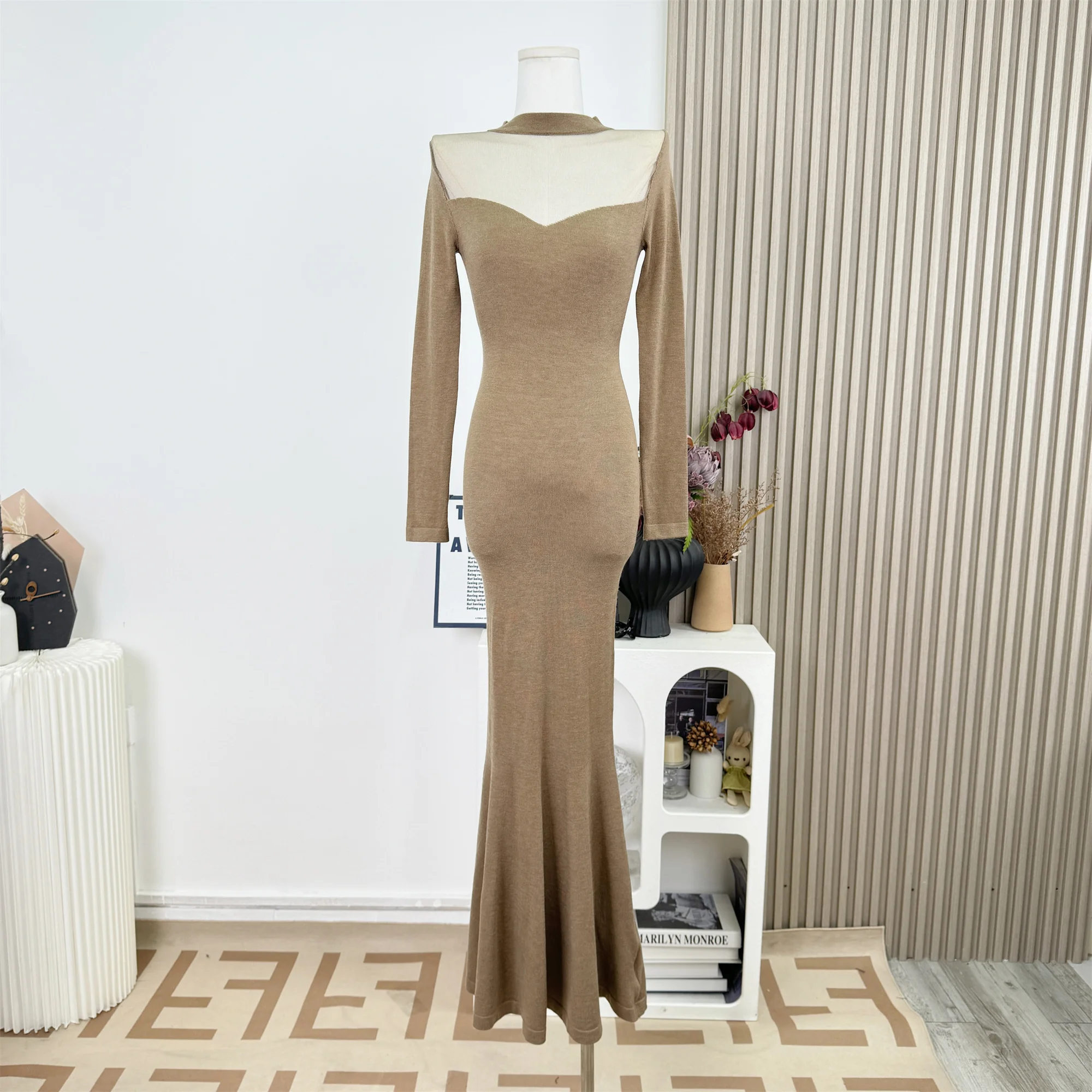أنيقة مثير شبكة محبوكة فستان طويل المرأة الخريف الشتاء ساحة طوق لصق سليم صالح الذيل تخفيف عارية الذراعين فستان الحفلات F511 #1