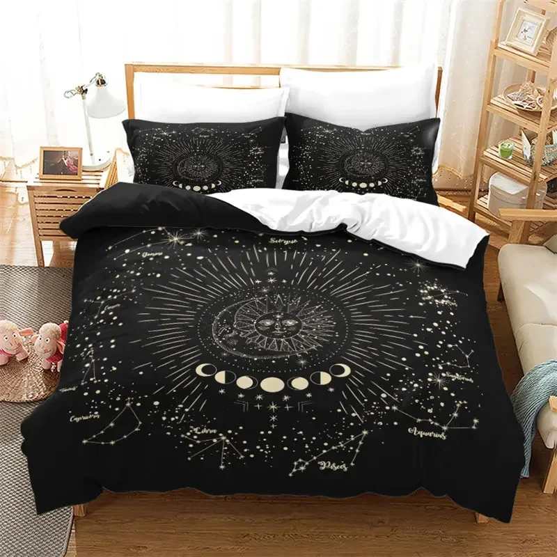 Sun and Moon Duvet Cover Microfiber Galaxy Black Bedding Set Constellation Astrology Comforter Cover King For Boys Girls Teens