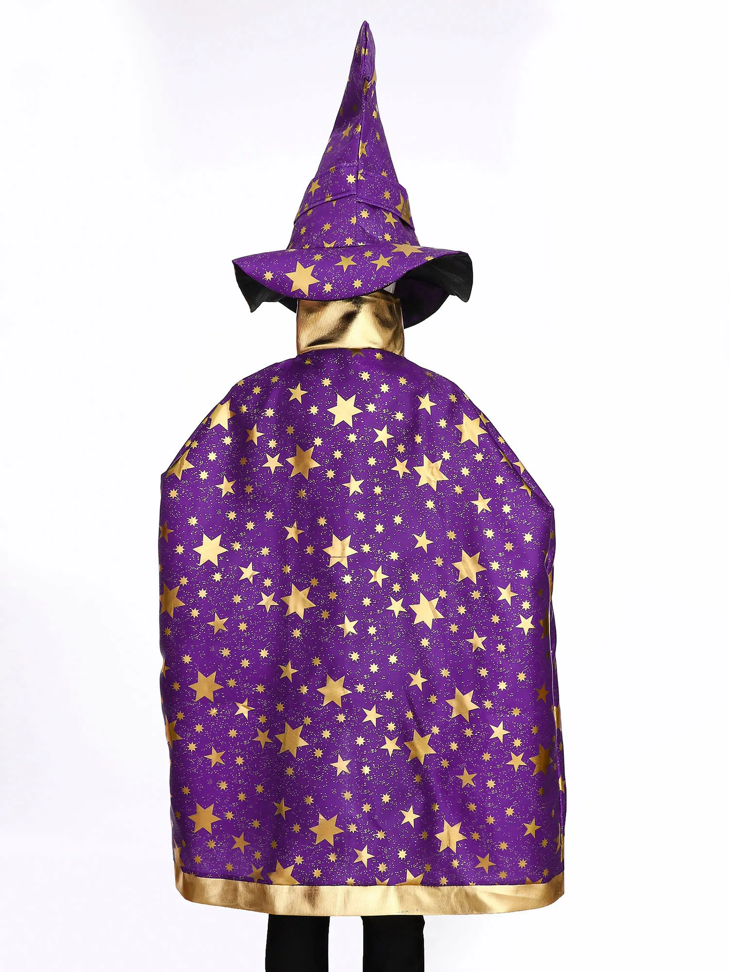 Children Halloween Wizard Cloak with Hat 2-Piece Costumes Metallic Shiny Star Print Stand Collar Lace-Up Cape Witch Cosplay Prop