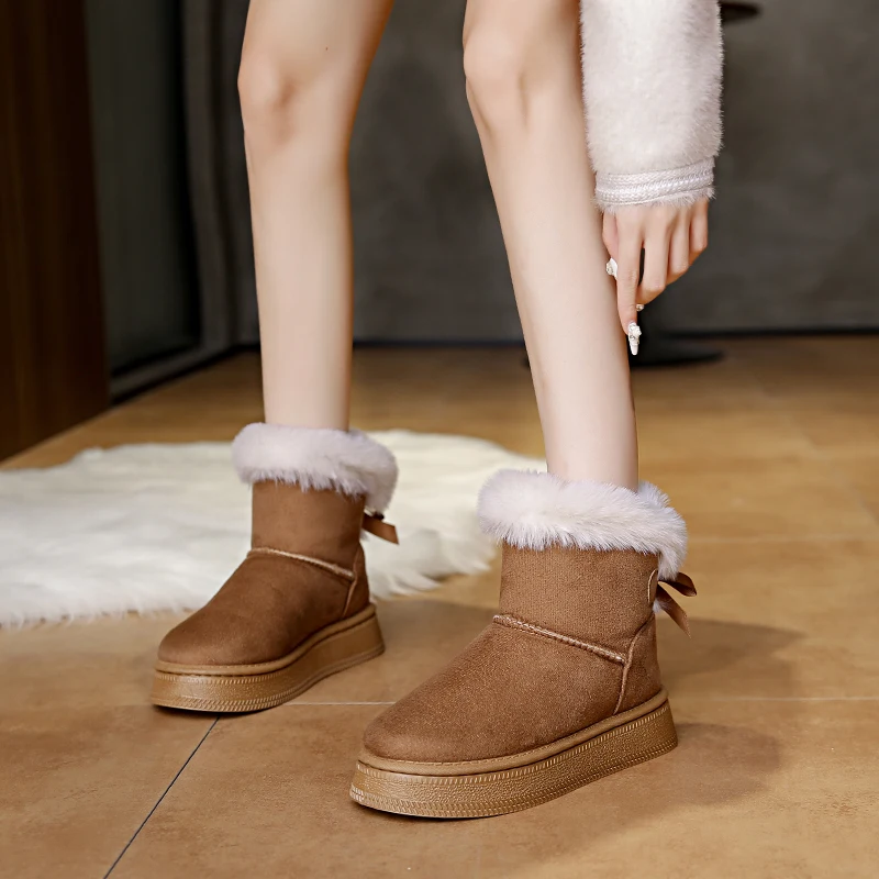 جديد عصري القوس جولة تو أحذية الثلوج أنيقة الشتاء شقة مقاومة للاهتراء لينة الطلاب بالإضافة إلى الأحذية النسائية الدافئة المخملية