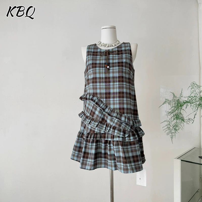 

KBQ Temperament Hit Color Plaid Mini Dress for Women Round Neck Sleeveless High Waist Temperament Dress Female Fashion Summer